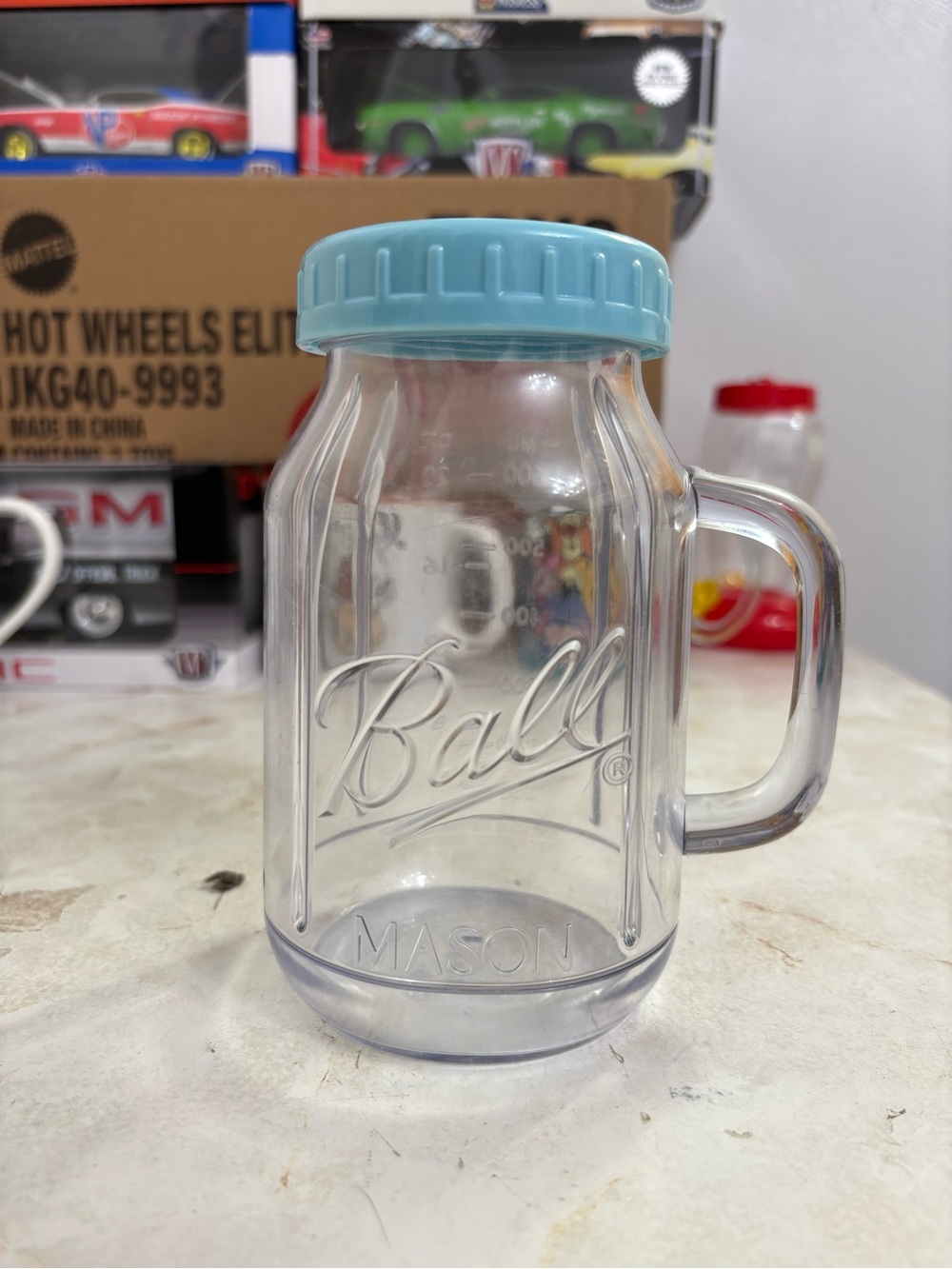Clear Plastic Mason Mug with Light Blue Lid - Party Tableware